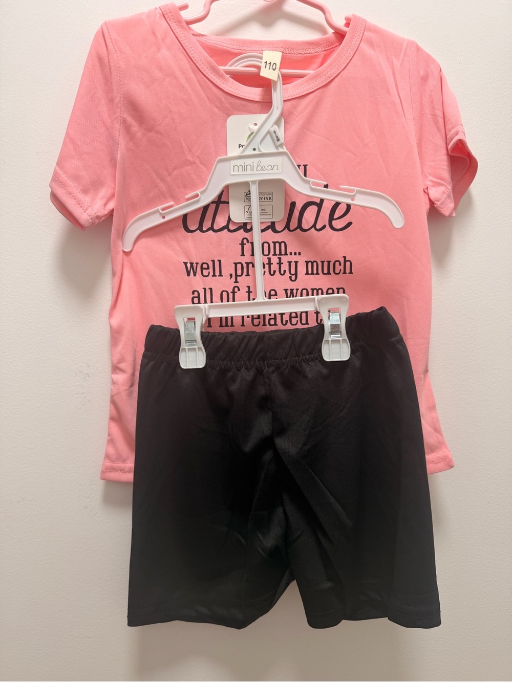 Mini Bean Girls' Pink Graphic Tee with Black Elastic Shorts